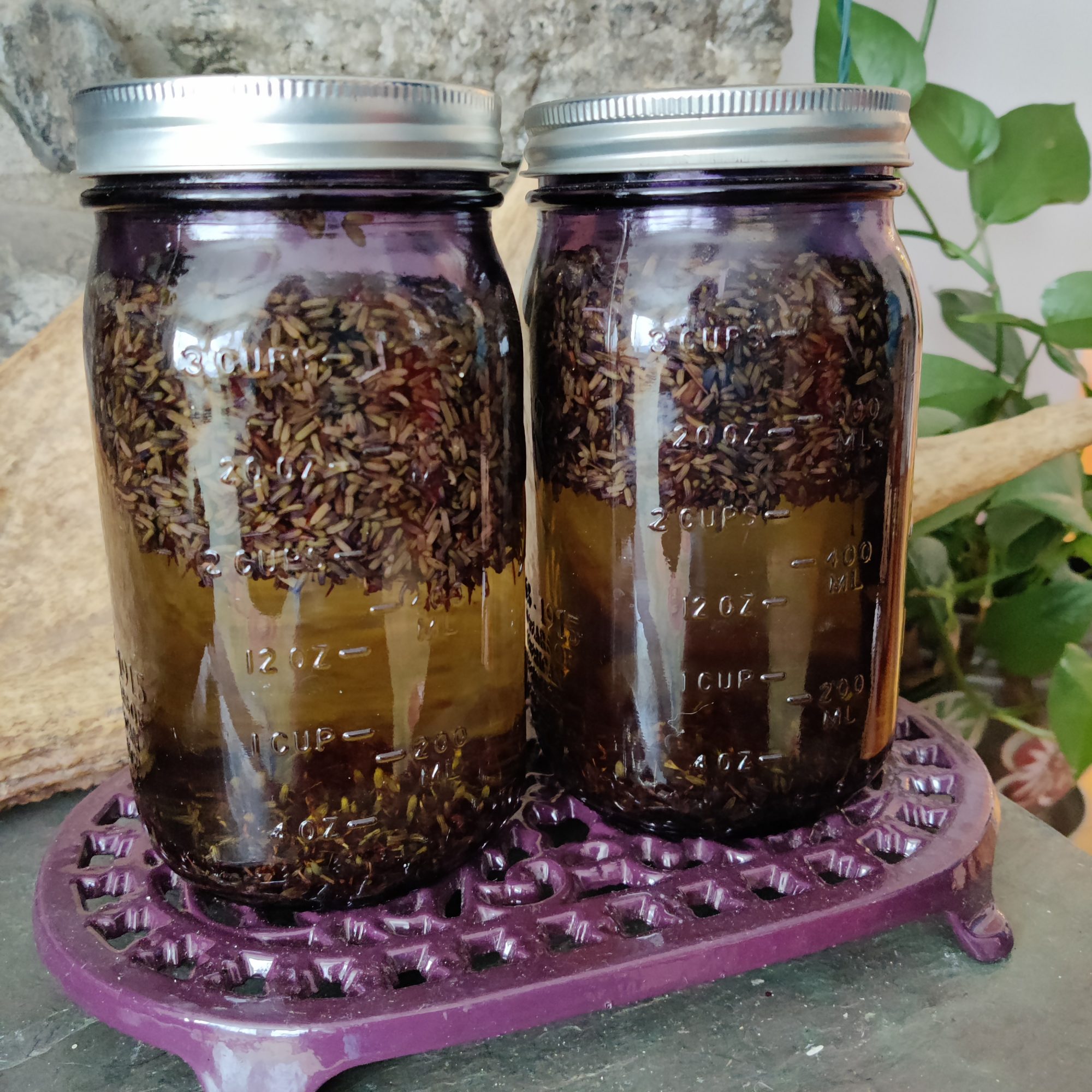 jars of carrier oil and lavender places on the fire place near our wood stove