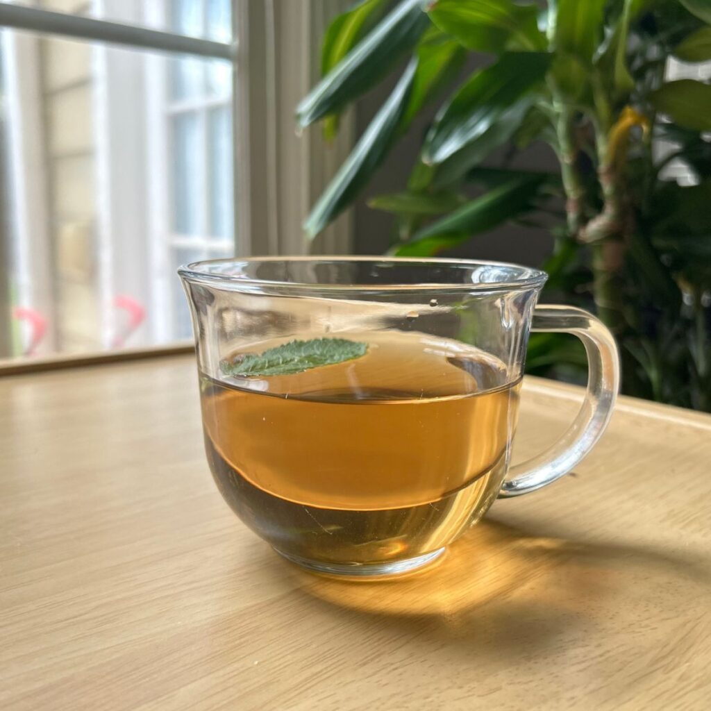 mint tea with leaves in cup