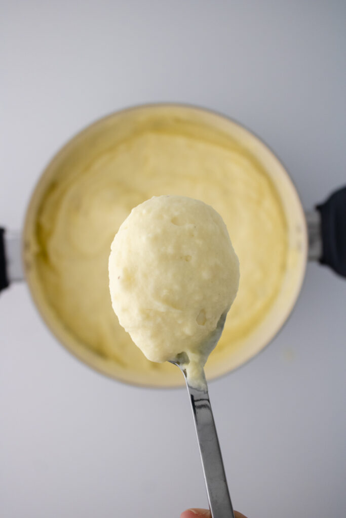 spoon with mashed potatoes in pot