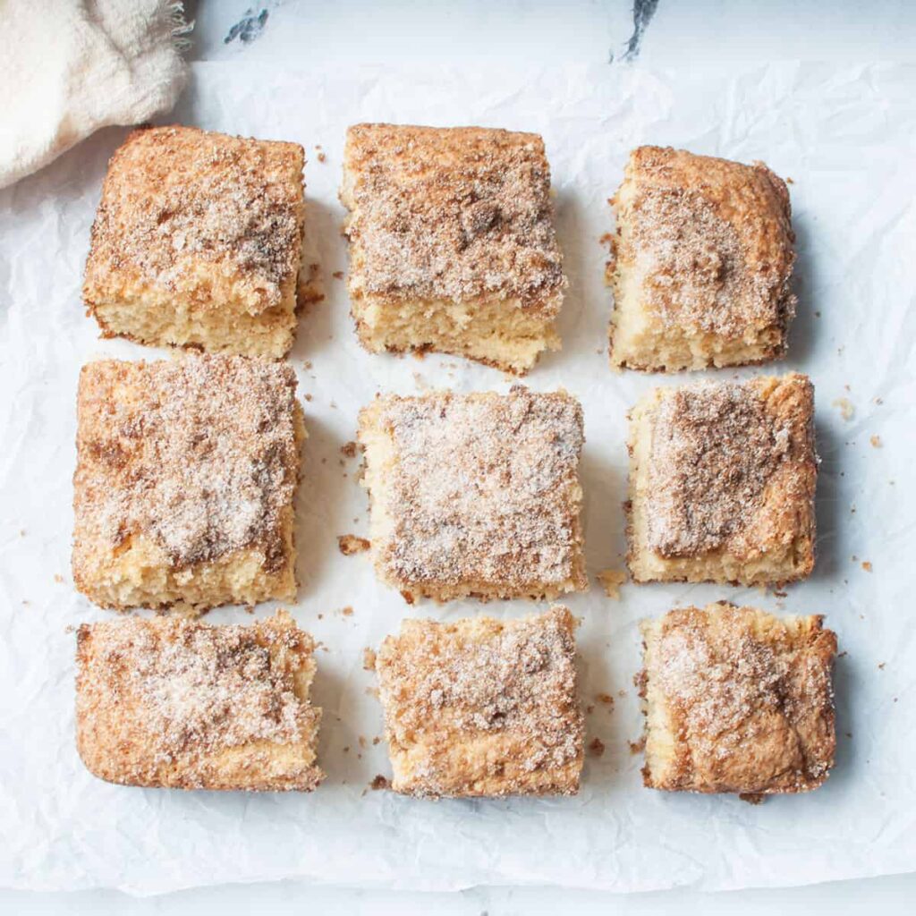 Amish coffee cake slices on a parchment paper