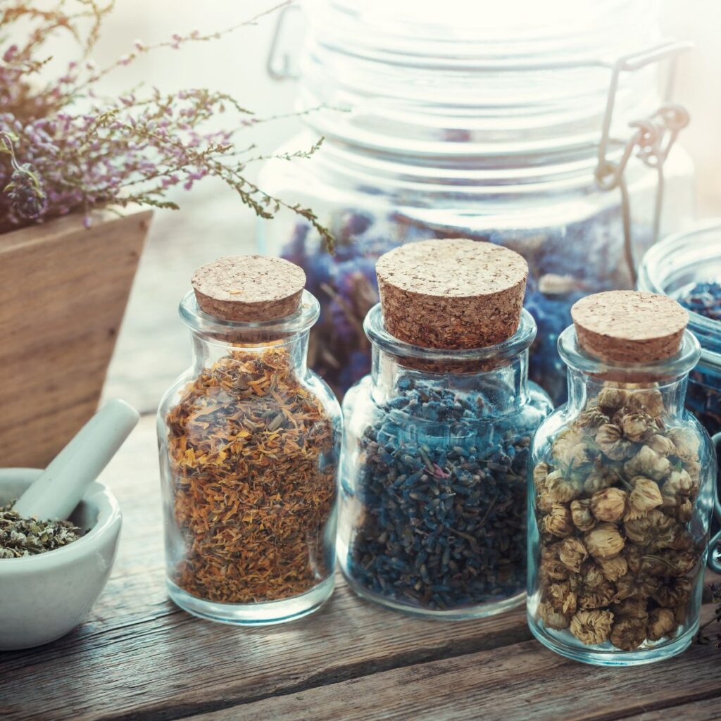 dried herbs in an airtight glass container