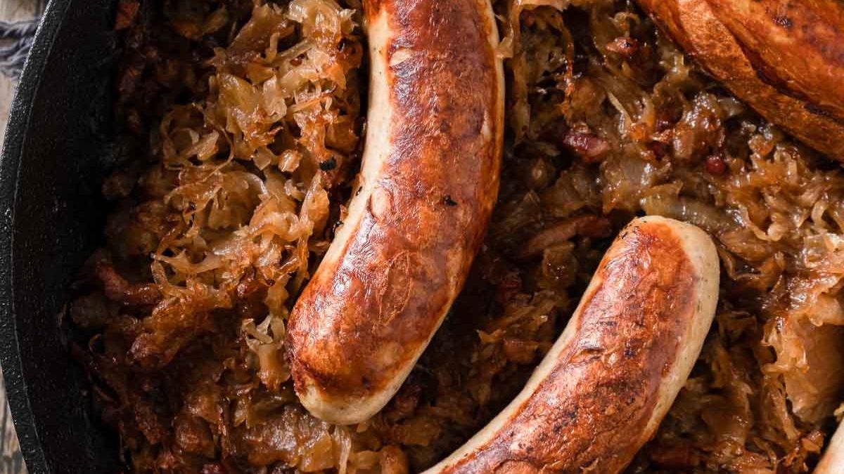 24 Dinner Recipes to Make in Grandma's Favorite Cast Iron Skillet 17 Bratwurst and Sauerkraut Skillet by The Peasants Daughter