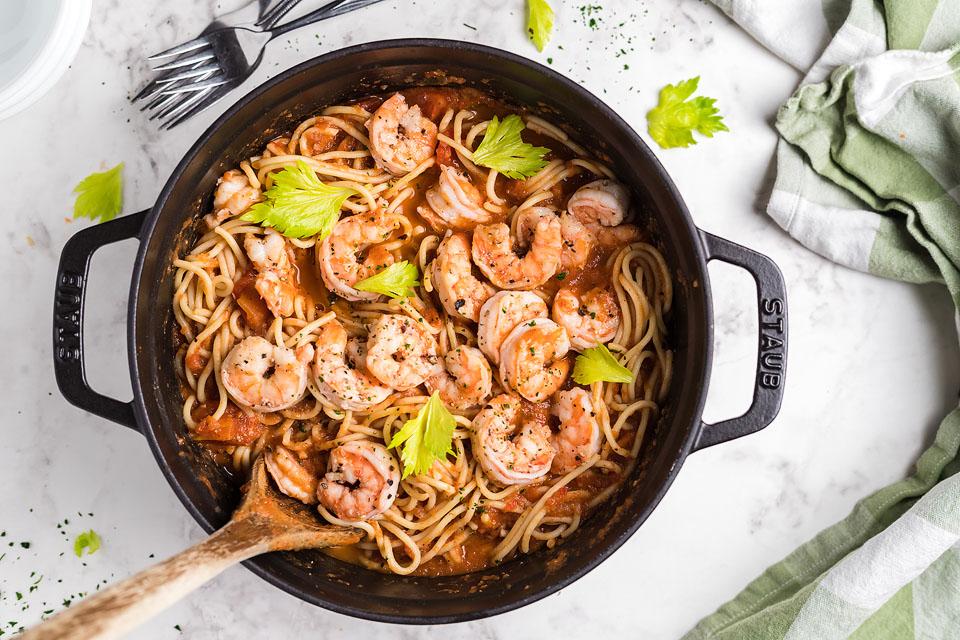 26 Spaghetti Recipes That Make Family Pasta Nights Even Better 6 Spicy shrimp with spaghetti in a bowl.