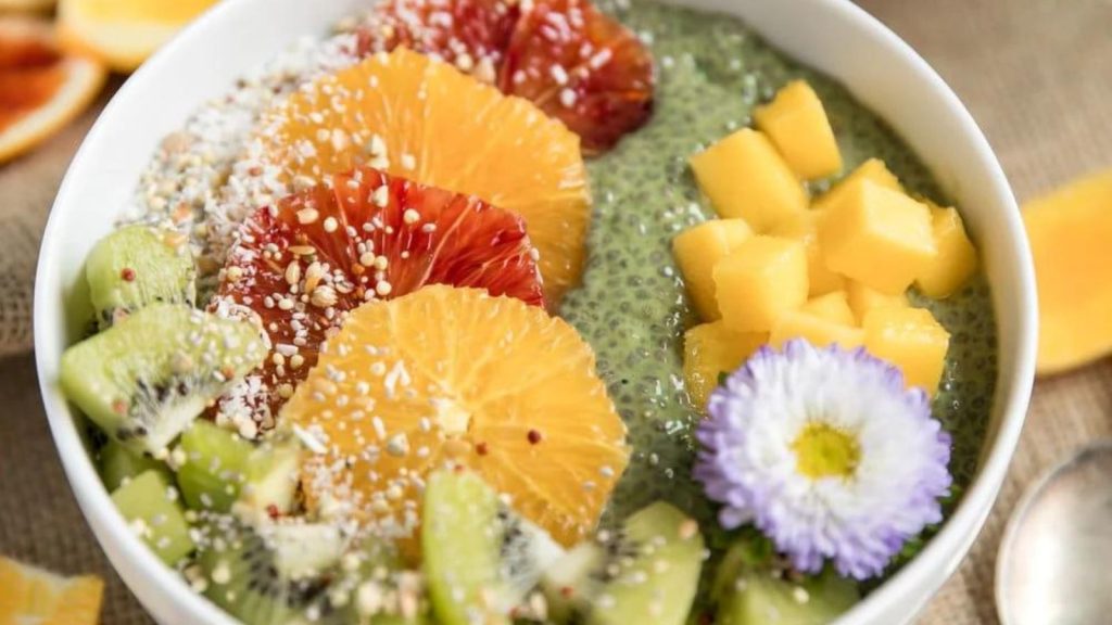 20 Matcha Recipes That’ll Make You Forget Chocolate Exists 9 Matcha Chia Pudding Fruit Bowl close up