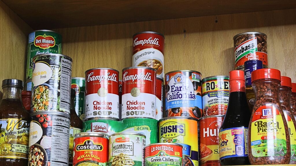 canned goods in cabinets