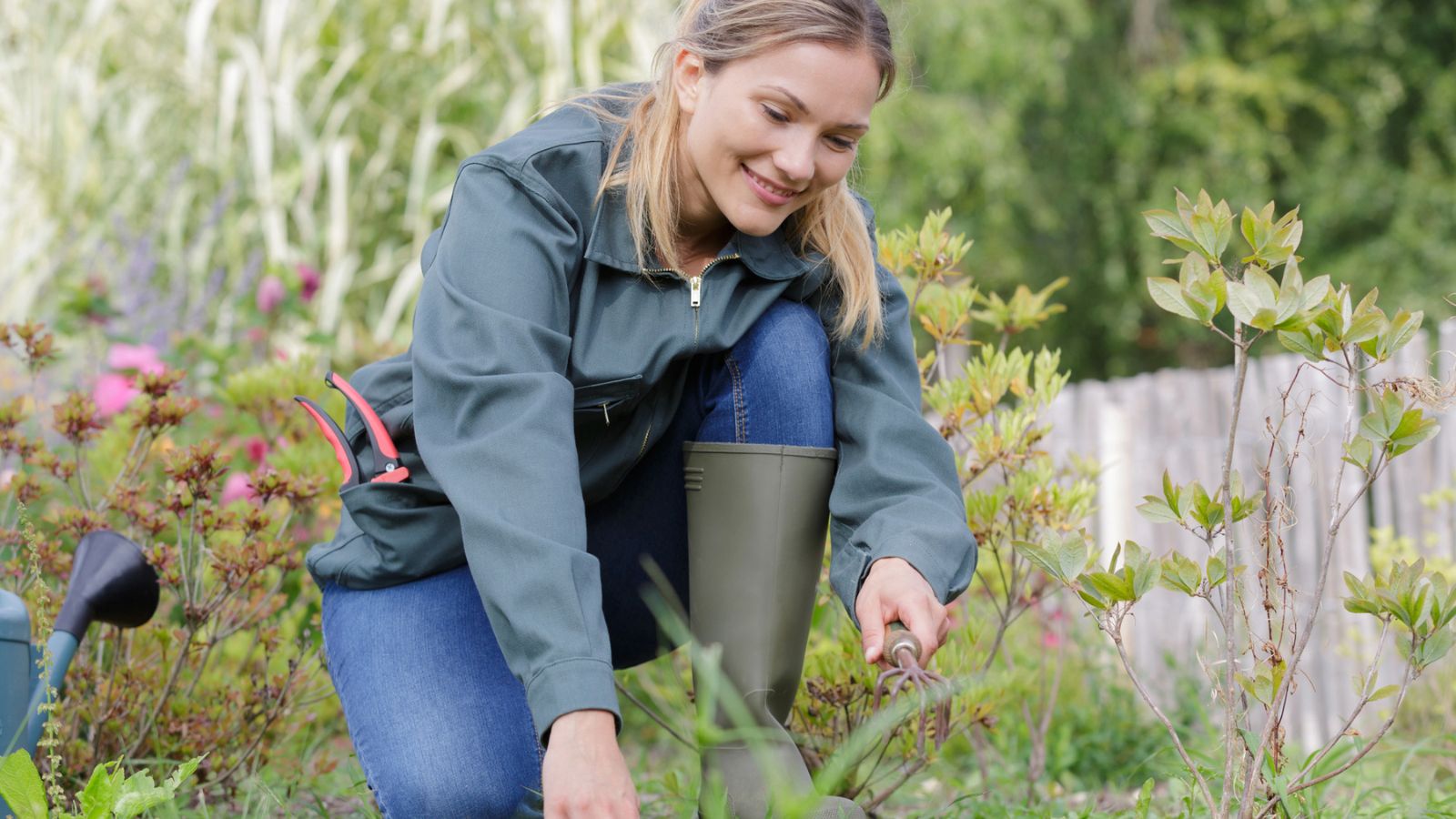 female gardener gardening and pulling weeds