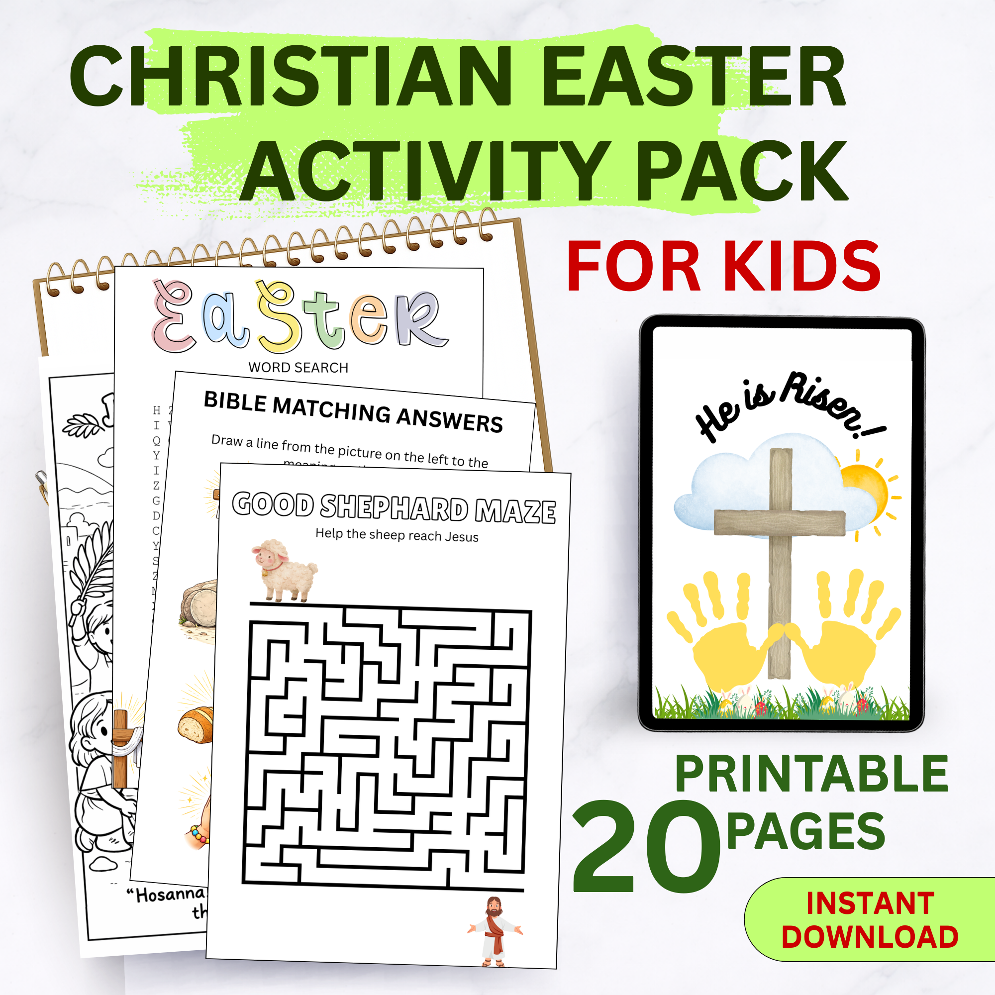 Christian Easter activity pack for kids printable worksheets with coloring pages maze word search and Bible games