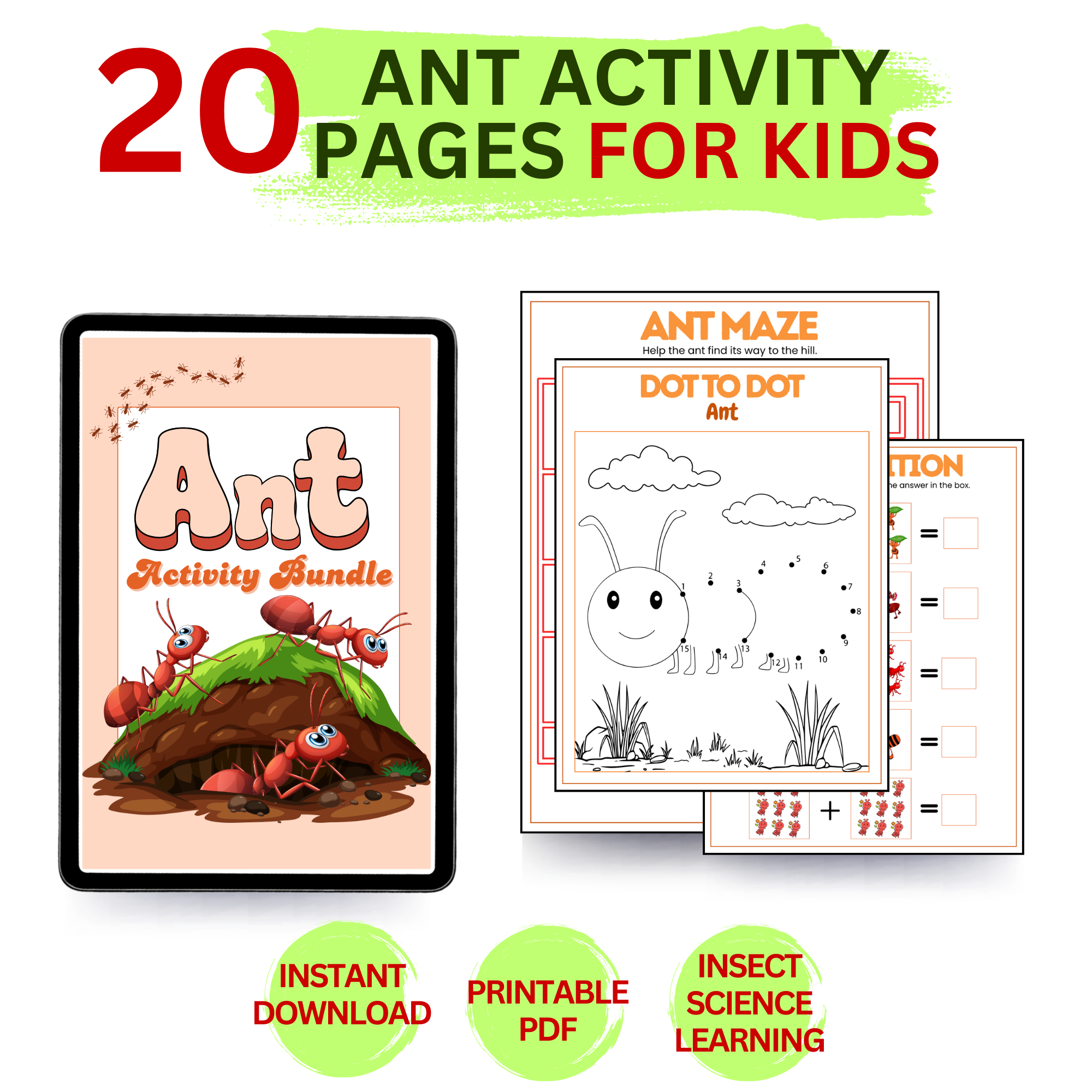 Ant activity bundle printable worksheets for kids with 20 insect learning pages including puzzles