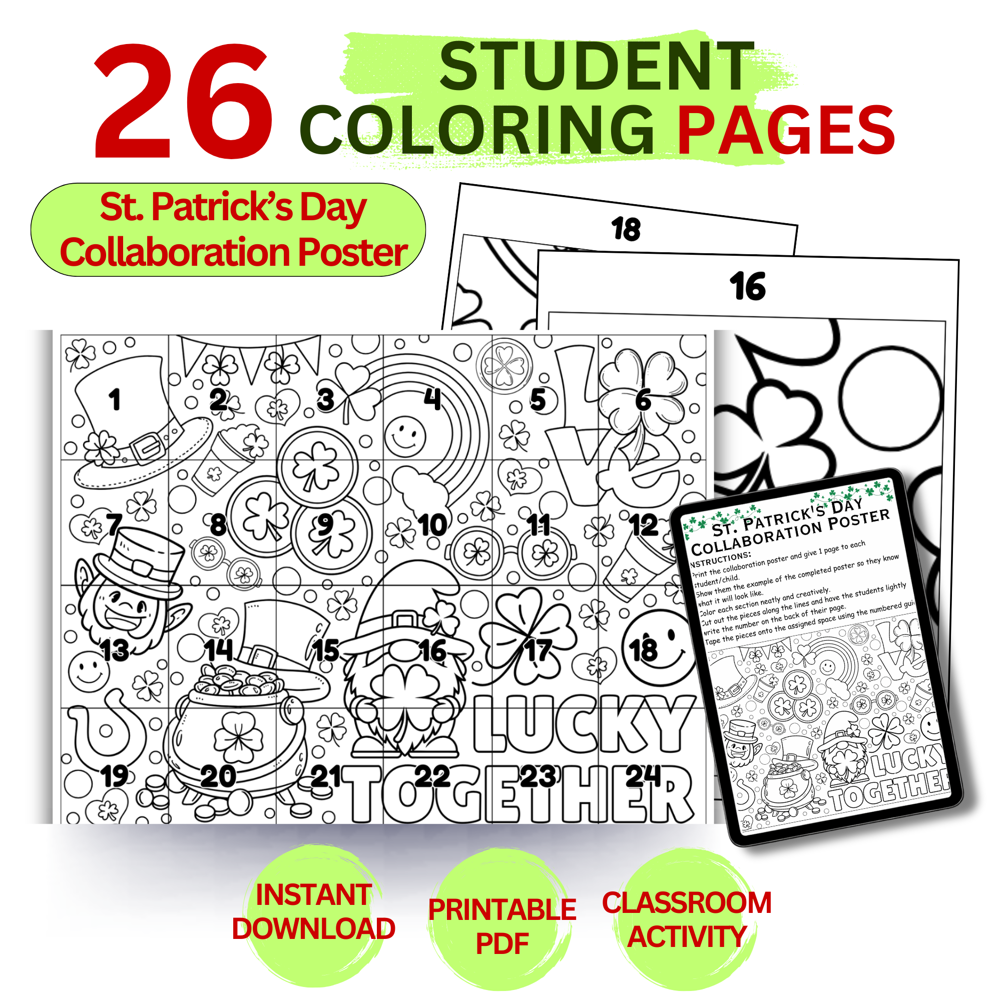 St Patricks Day collaboration poster printable with 26 student coloring pages classroom group activity
