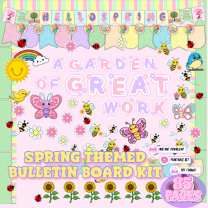 Spring themed bulletin board kit classroom decor with bees butterflies flowers and garden theme printable display