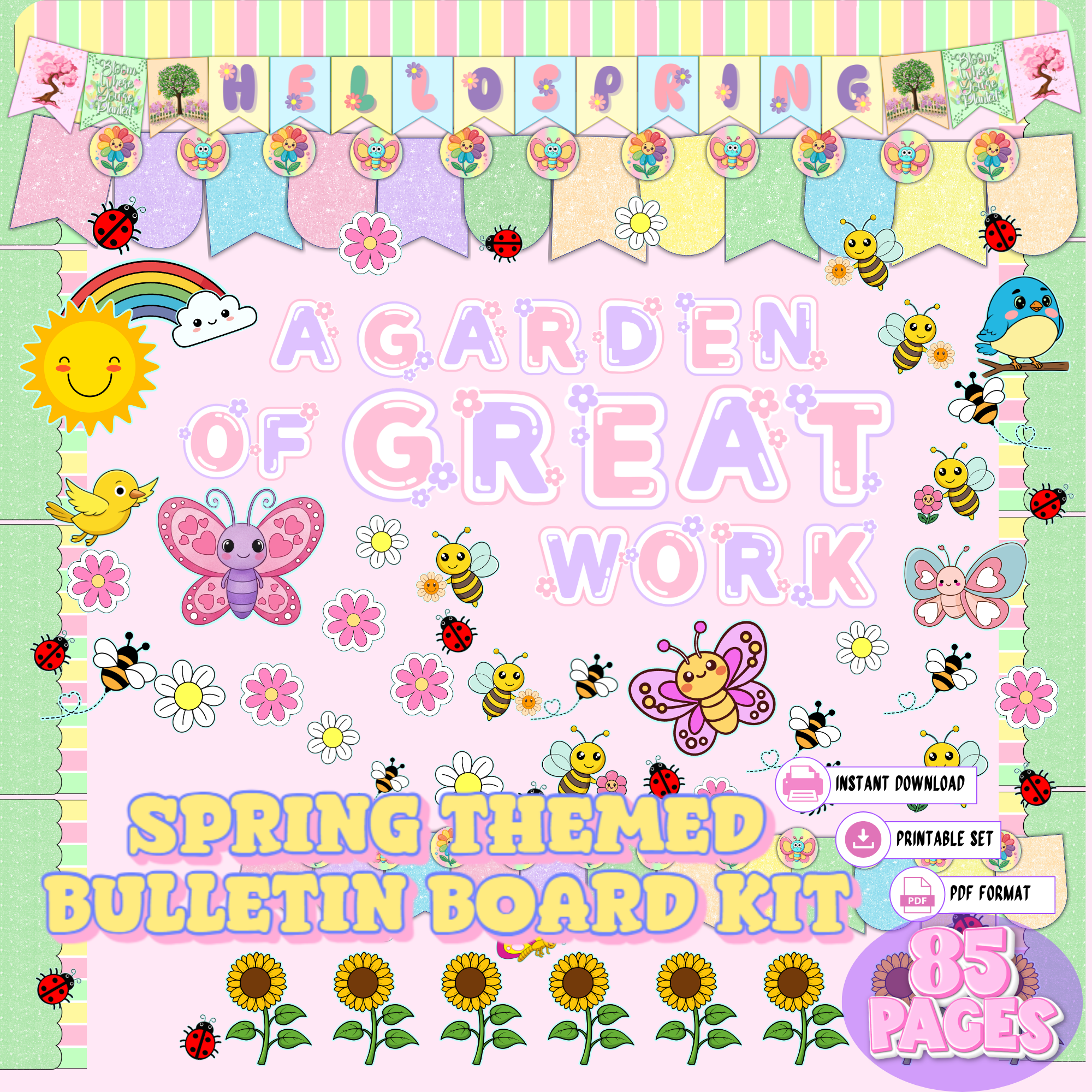 Spring themed bulletin board kit classroom decor with bees butterflies flowers and garden theme printable display