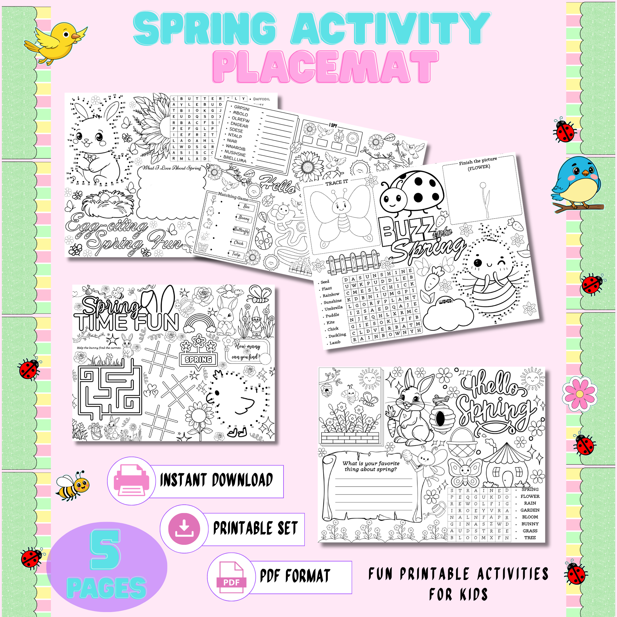 spring activity placemat printable kids worksheets pdf with maze word search i spy coloring pages
