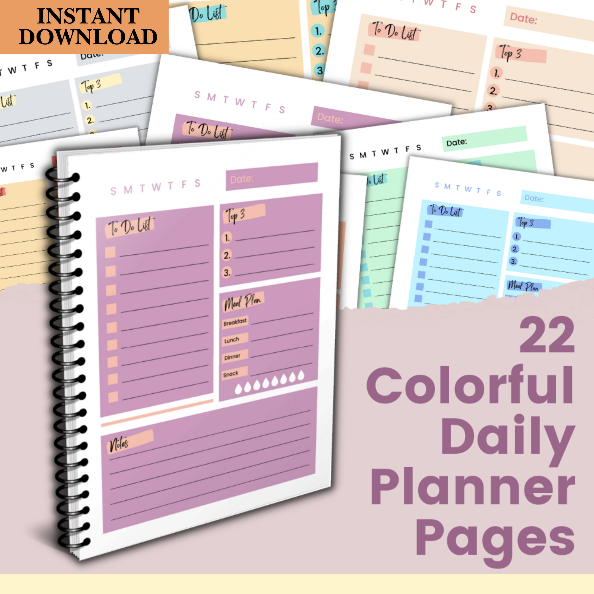 22 colorful daily planner printable pages with to do list meal planner and notes sections