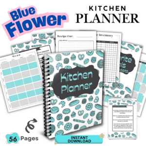 A blue kitchen planner printable featuring meal planner pages