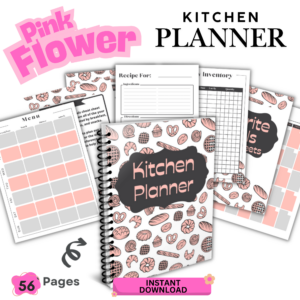 A pink kitchen planner printable featuring meal planner pages