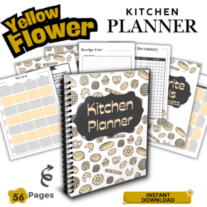 Yellow kitchen planner printable PDF with 56 pages including meal planner