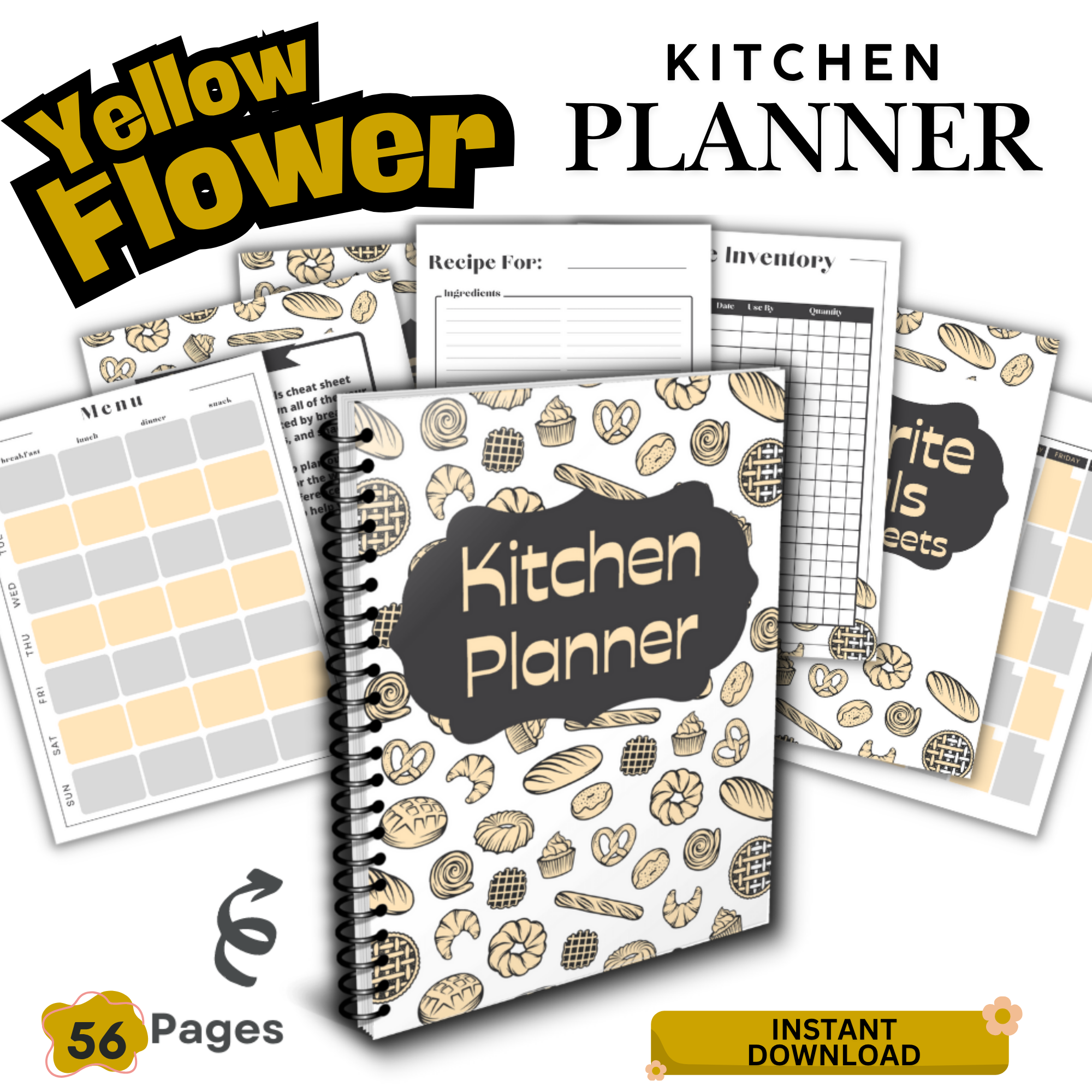Kitchen Planner Printable (Yellow Theme) | Meal Plan, Grocery List ...