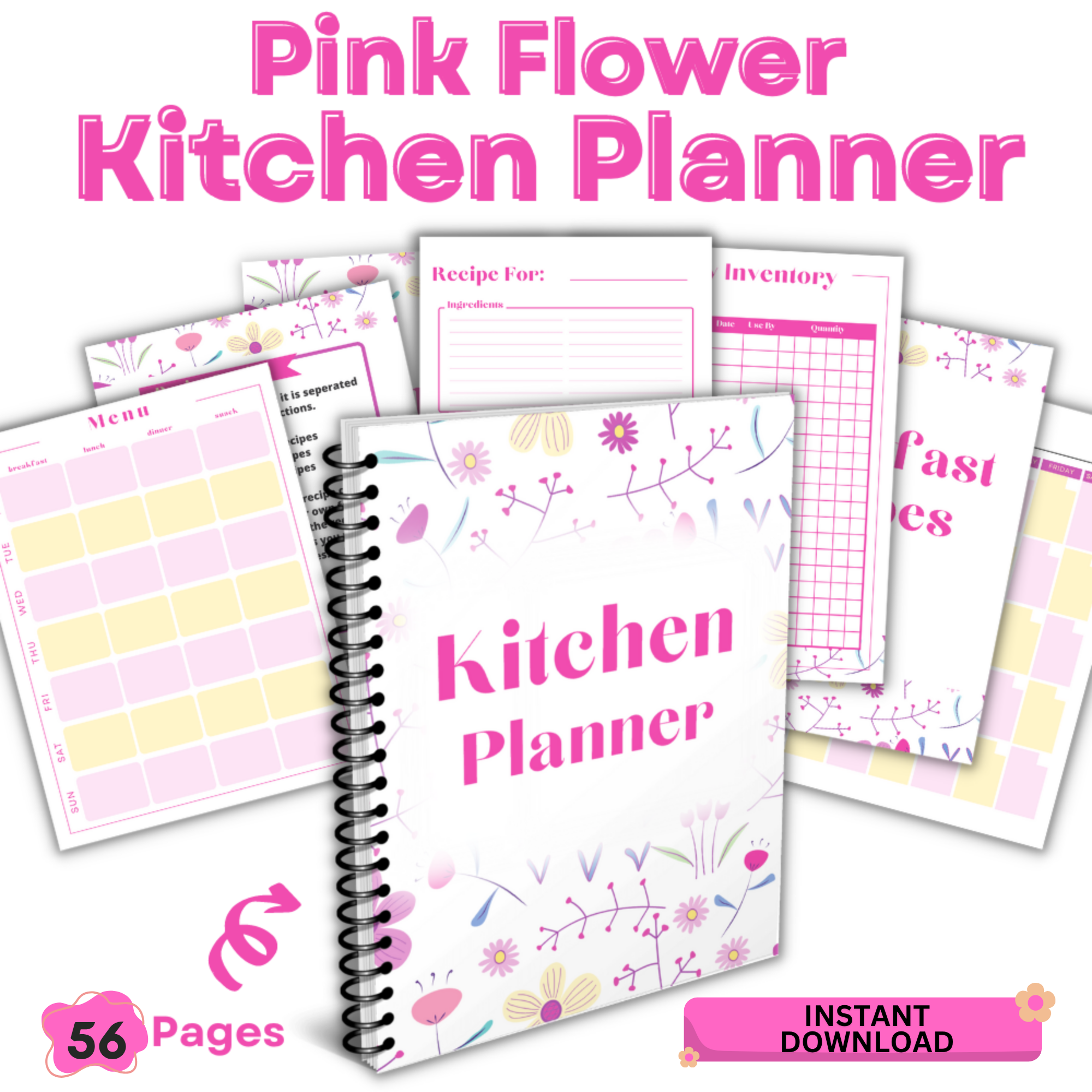 pink kitchen planner printable PDF showing how it works steps purchase download print and use with easy printing features