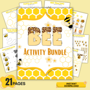 Bee activity bundle printable PDF cover with 21 pages preschool worksheets coloring tracing counting and games