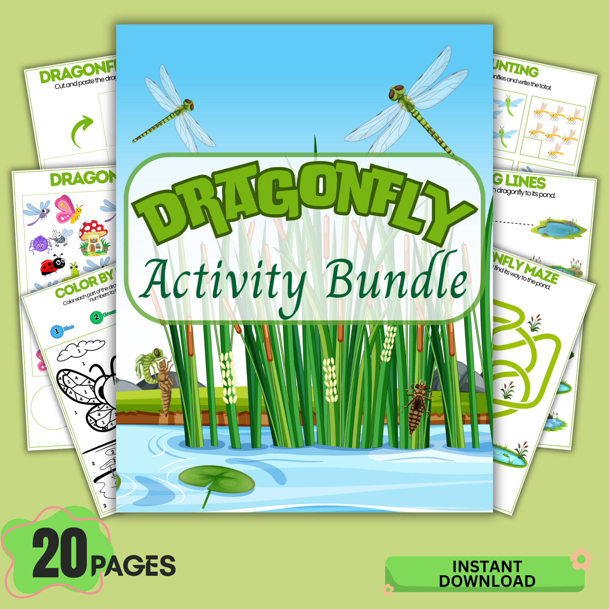 dragonfly activity bundle printable pdf for kids with 20 pages preschool worksheets coloring tracing counting and games