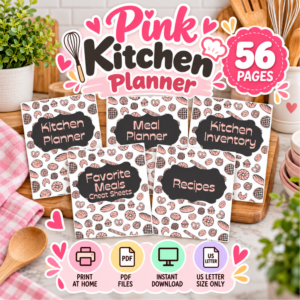Pink Meal Planner Printable – Kitchen Organizer, Grocery List & Recipe Pages