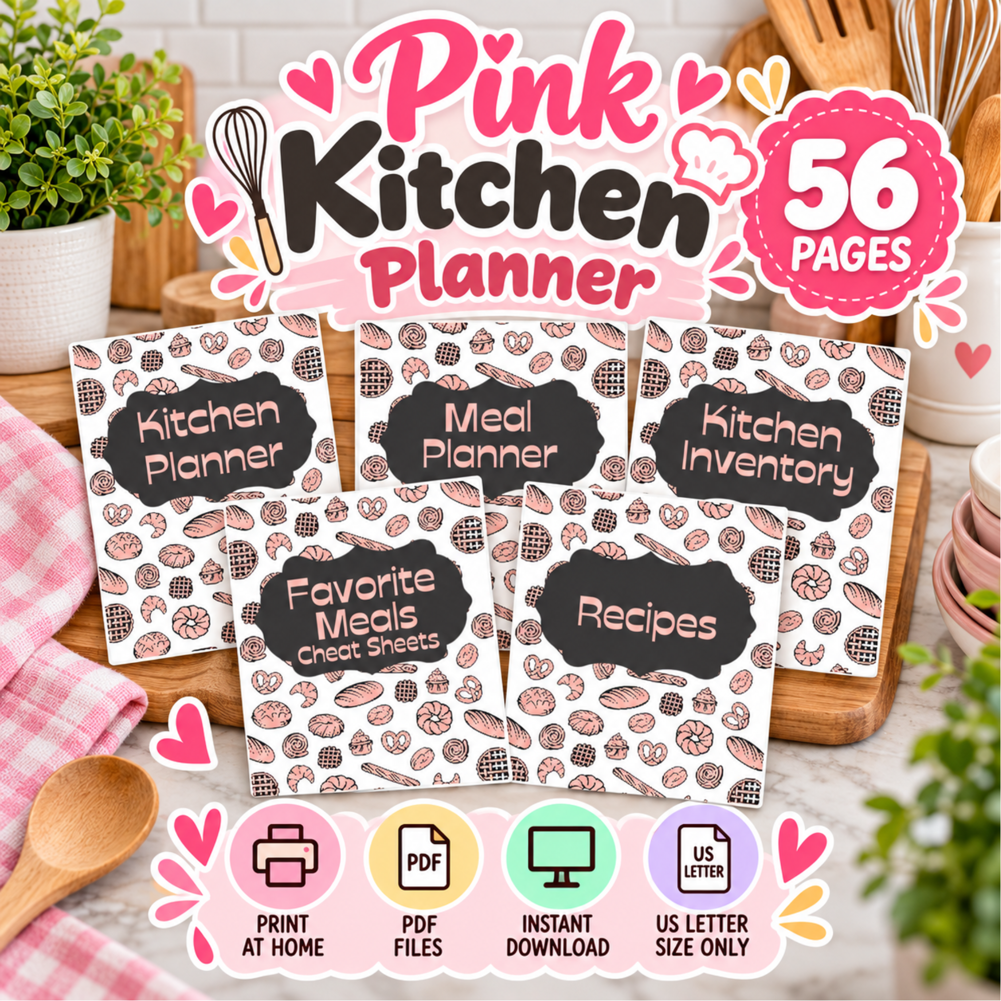 Pink Meal Planner Printable – Kitchen Organizer, Grocery List & Recipe Pages 1 Pink Meal Planner Printable – Kitchen Organizer, Grocery List & Recipe Pages