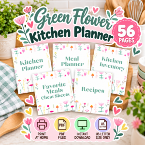 Green Kitchen Planner Printable PDF – Meal Planner, Grocery List, Recipe Organizer & Kitchen Inventory Tracker
