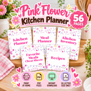 Kitchen Planner Printable (Pink Flower Theme) | Meal Planner, Grocery List & Recipes