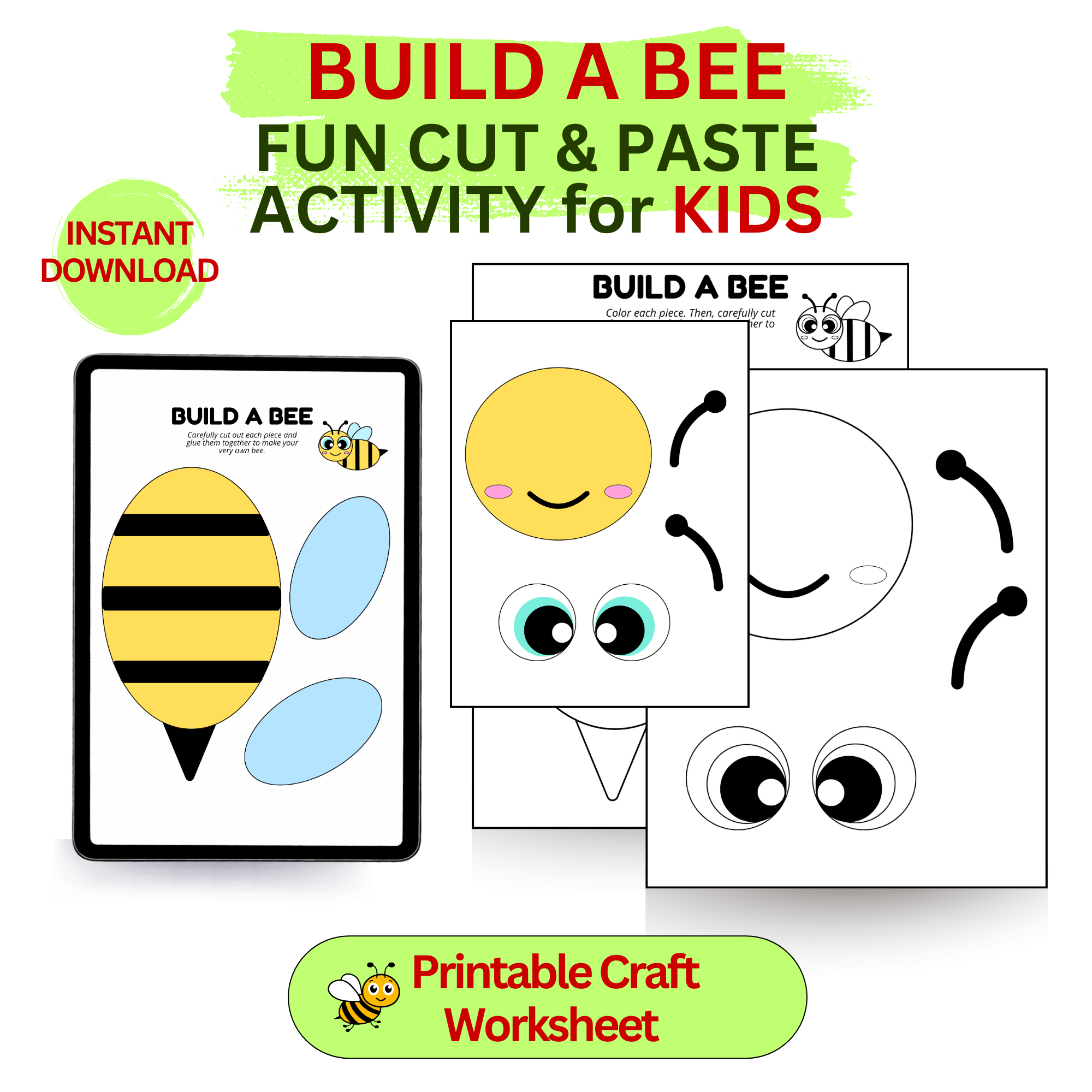 Build a Bee printable craft showing bee body parts and wings to cut and assemble. A hands-on insect craft activity for preschool and kindergarten kids.