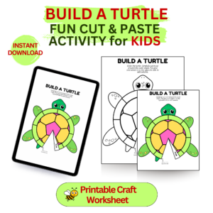 Build a Turtle printable craft worksheet showing a cut and paste turtle activity for kids with colored and black-and-white versions.