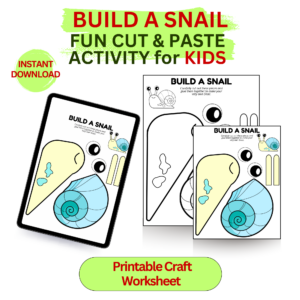 Build a Snail printable craft worksheet showing a fun cut and paste snail activity for kids with instant download.