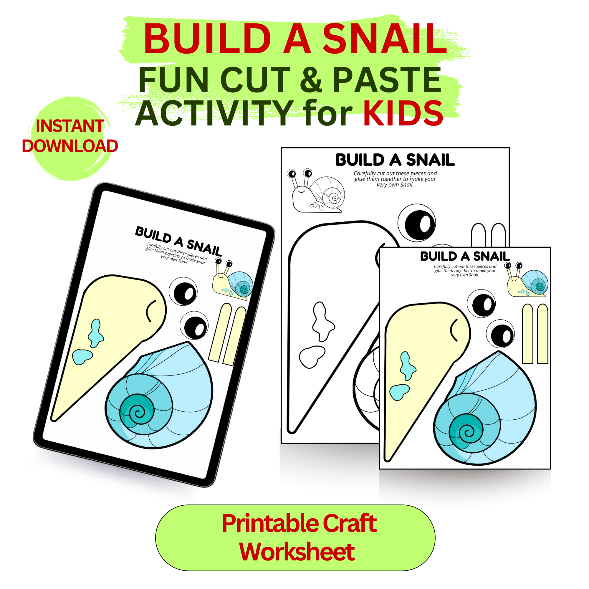 Build a Snail printable craft worksheet showing a fun cut and paste snail activity for kids with instant download.