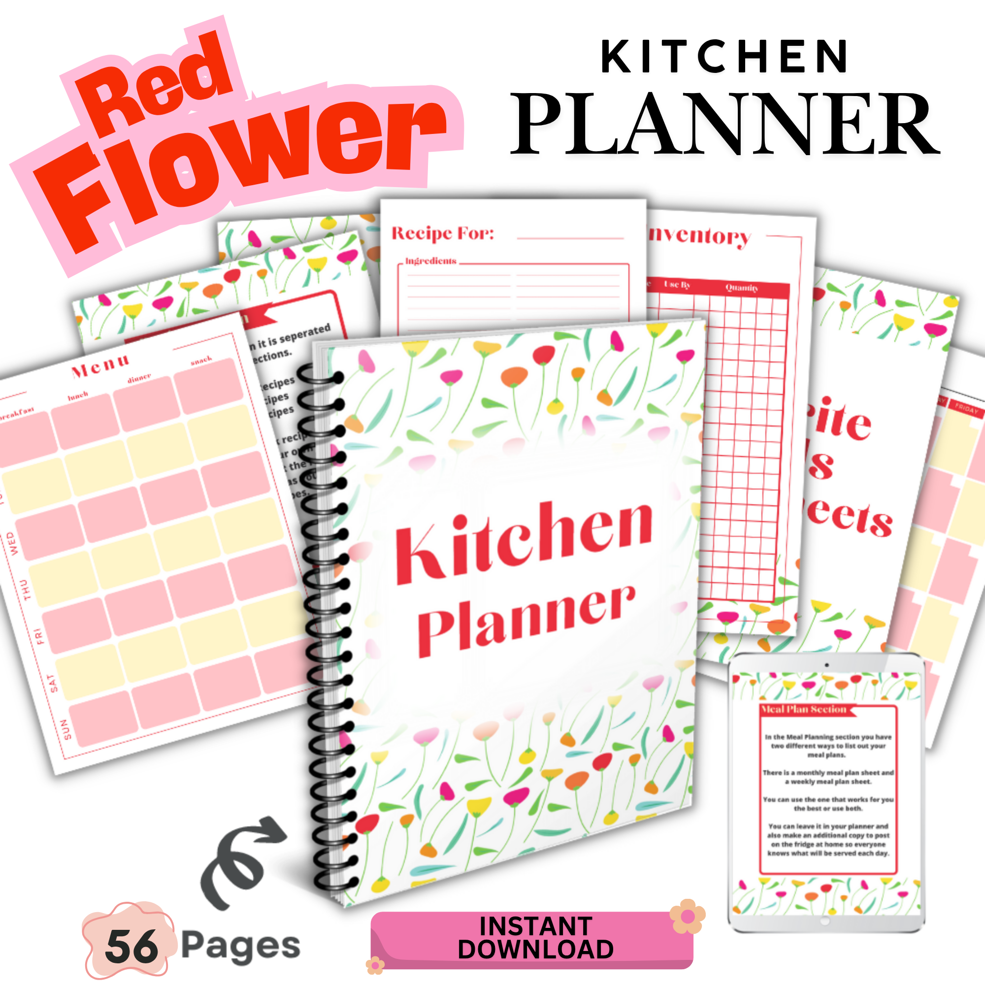 kitchen planner printable pdf floral design meal planner grocery list recipe organizer 56 pages instant download