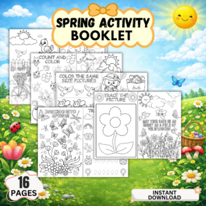 Spring activity booklet printable PDF for kids featuring coloring pages, tracing, mazes and fun preschool worksheets with 16 pages included