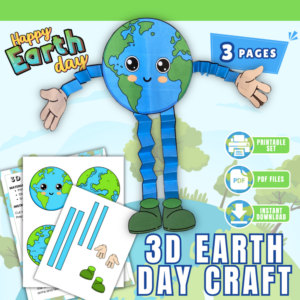 3D Earth Day craft printable for kids showing cute earth character with arms and legs, instant download PDF activity