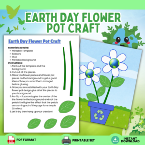 Earth Day flower pot craft printable for kids showing completed flower pot with Earth themed flowers and printable template preview