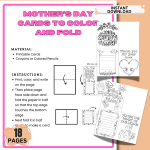 mothers day cards to color printable for kids showing foldable card templates with coloring designs and 18 pages instant download