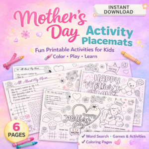 mothers day activity placemats printable for kids featuring coloring pages word search tic tac toe and fun games instant download pdf