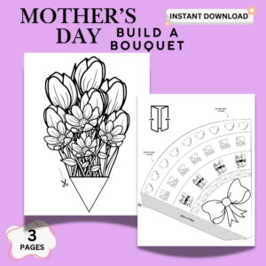 Mother’s Day bouquet craft printable PDF for kids featuring flower template and bouquet wrap design for DIY gift