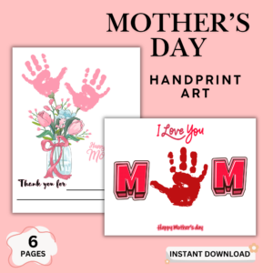 Mother’s Day handprint art printable featuring kids DIY gift with flower design and personalized message pages