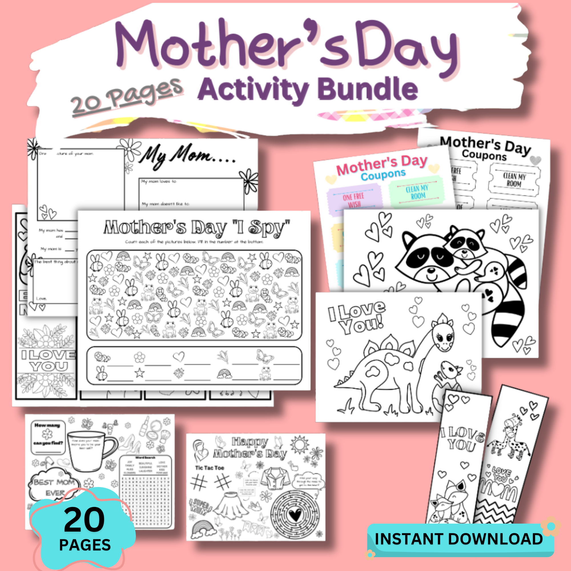Mother’s Day Activity Bundle Printable PDF – Kids Coloring Pages, All About My Mom Worksheet, I Spy, Word Search, Instant Download 1 Mother’s Day activity bundle printable with coloring pages, I Spy game, coupons, and kids worksheets, 20 pages instant download