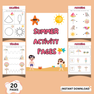 A preview of summer activity pages printable for kids showing tracing, coloring, and fun learning worksheets designed for preschool and early learners.