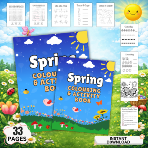 Spring coloring and activity book printable PDF for kids with 33 pages including coloring, tracing, mazes, word search and preschool worksheets