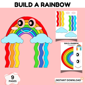 Build a rainbow craft printable for kids showing colorful cut and paste activity with smiling rainbow and clouds for preschool learning.