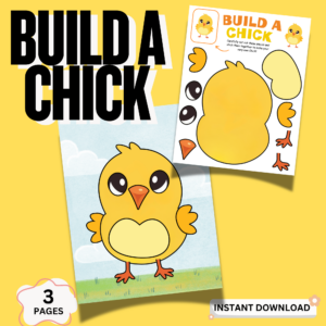 Build a Chick printable pages showing chick pieces and finished chick craft for kids cut and paste activity