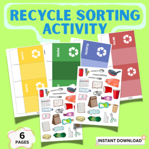 Recycle sorting activity printable for kids with glass paper plastic metal bins