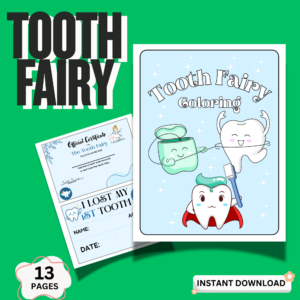 Tooth fairy printable kit for kids with coloring pages, certificate, and instant download bundle