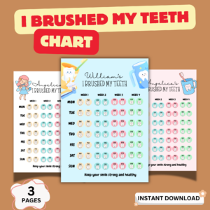 Kids tooth brushing chart printable with 3 pages personalized dental routine tracker preview