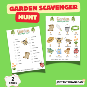 Garden scavenger hunt printable for kids with two activity pages outdoor nature game