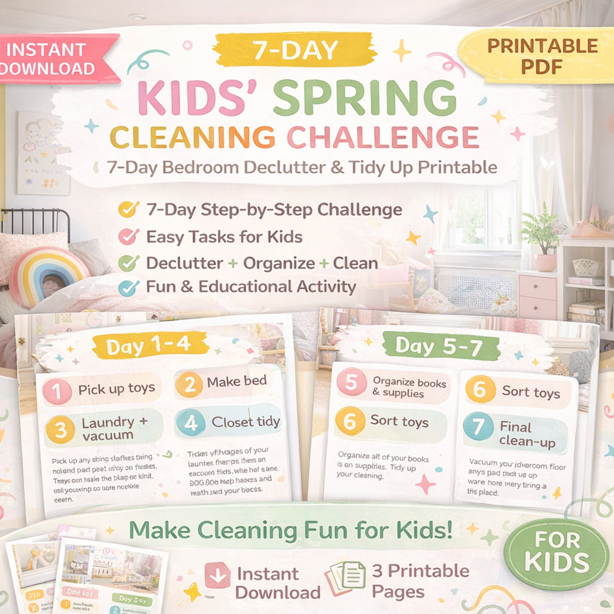 Kids Spring Cleaning Challenge Printable | 7-Day Bedroom Declutter & Tidy Up Chart PDF 1 7 day kids spring cleaning challenge printable bedroom declutter chart with step by step tasks for kids instant download pdf